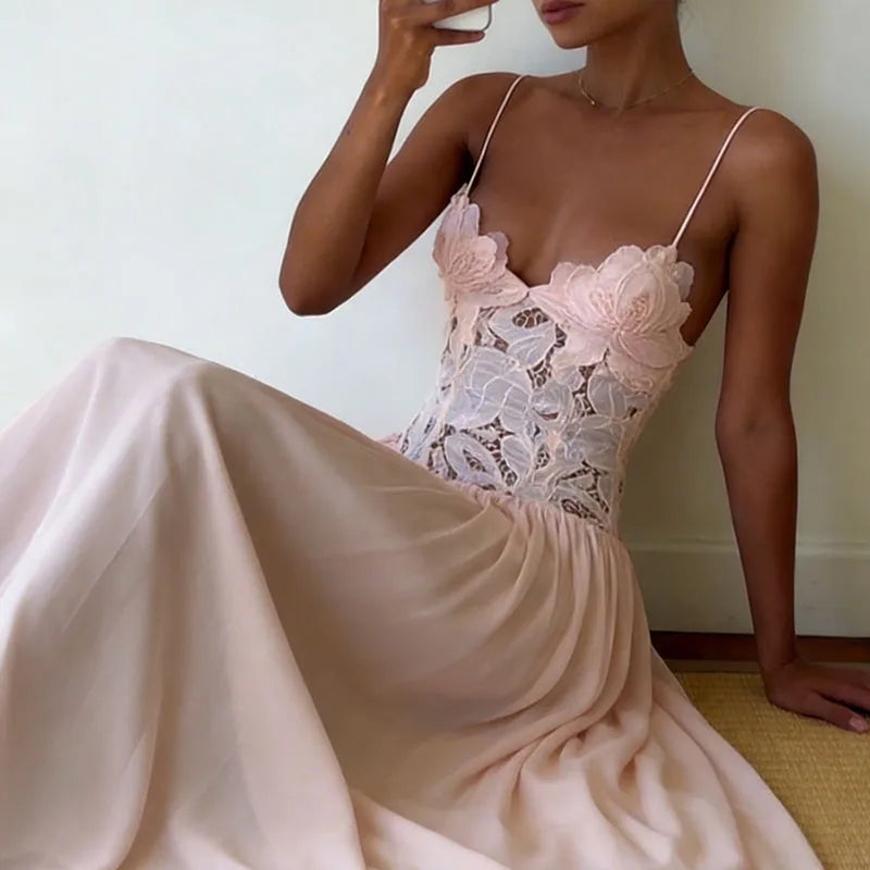 Abito Lungo Estivo Casual in Chiffon con Bretelle, Scollo a V Profondo, Senza Maniche, con Inserti in Pizzo, per Spiaggia e Feste, Primavera Estate