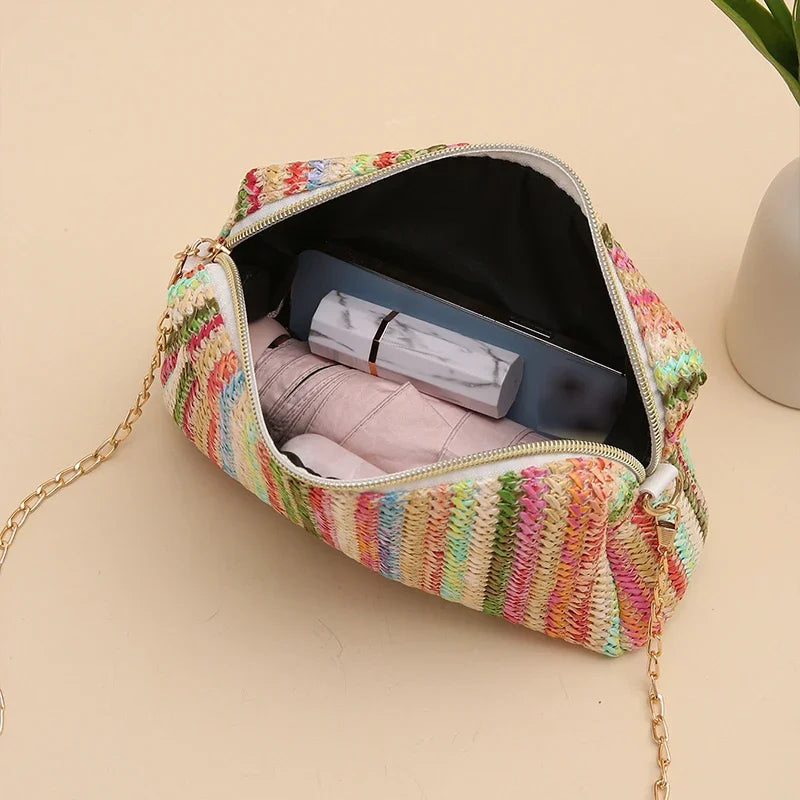 Borsa di paglia da donna in maglia di Rattan borsa da spiaggia con catena estiva piccola borsa e borsa a tracolla da donna borsa a tracolla con Design da viaggio