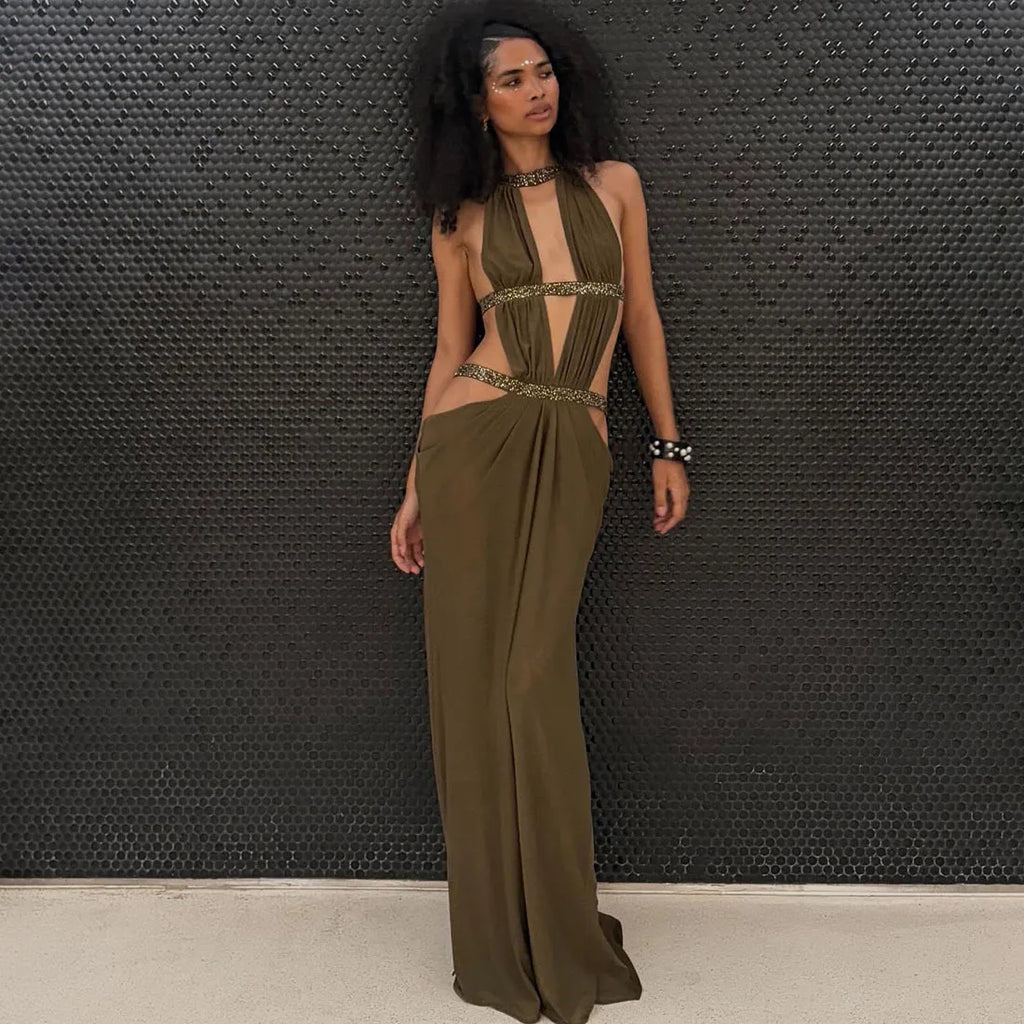 Abito lungo da donna sexy Halter scava fuori senza schienale senza maniche increspato abiti lunghi da sera Party Chic Robe verde viola estivo