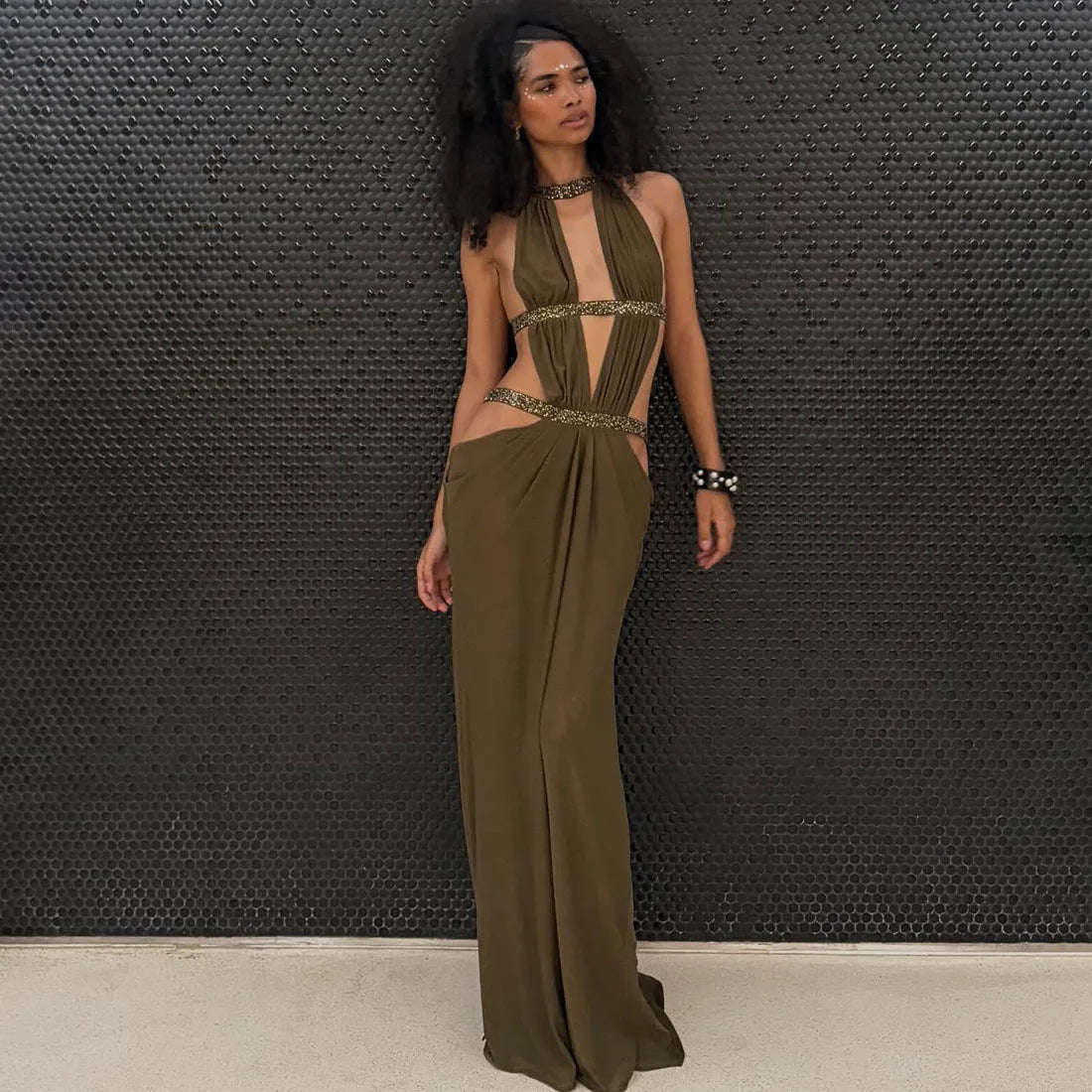 Abito lungo da donna sexy Halter scava fuori senza schienale senza maniche increspato abiti lunghi da sera Party Chic Robe verde viola estivo
