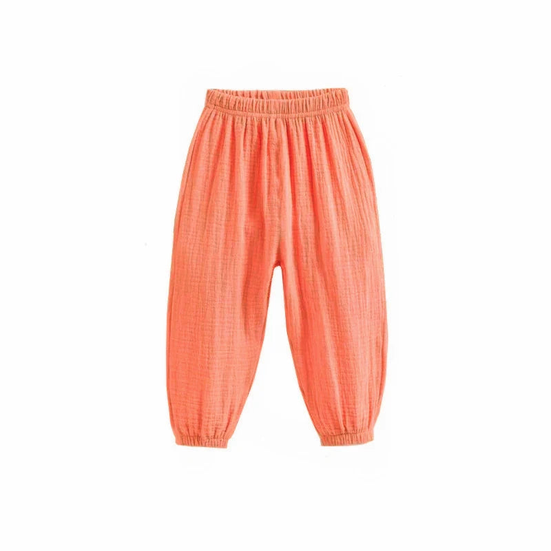 Pantaloni estivi per bambini coreani Pantaloni casual per ragazze Ragazzi in cotone e lino Tinta unita Pantaloni larghi a pieghe Pantaloni Harem a vita alta per ragazze