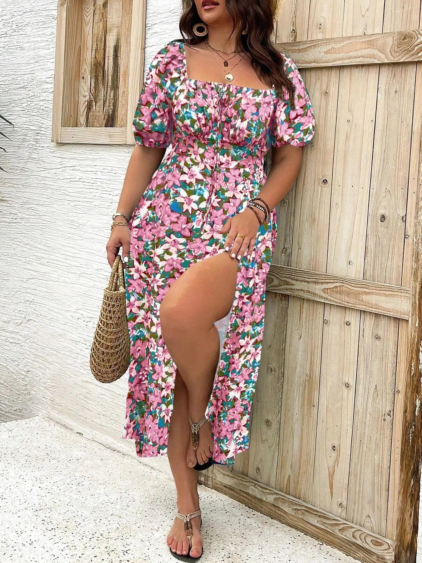 【Plus Size】Abito con scollo quadrato con stampa floreale Ditsy, abito casual alla moda a maniche lunghe per l'uso quotidiano all'aperto, abbigliamento da donna plus size