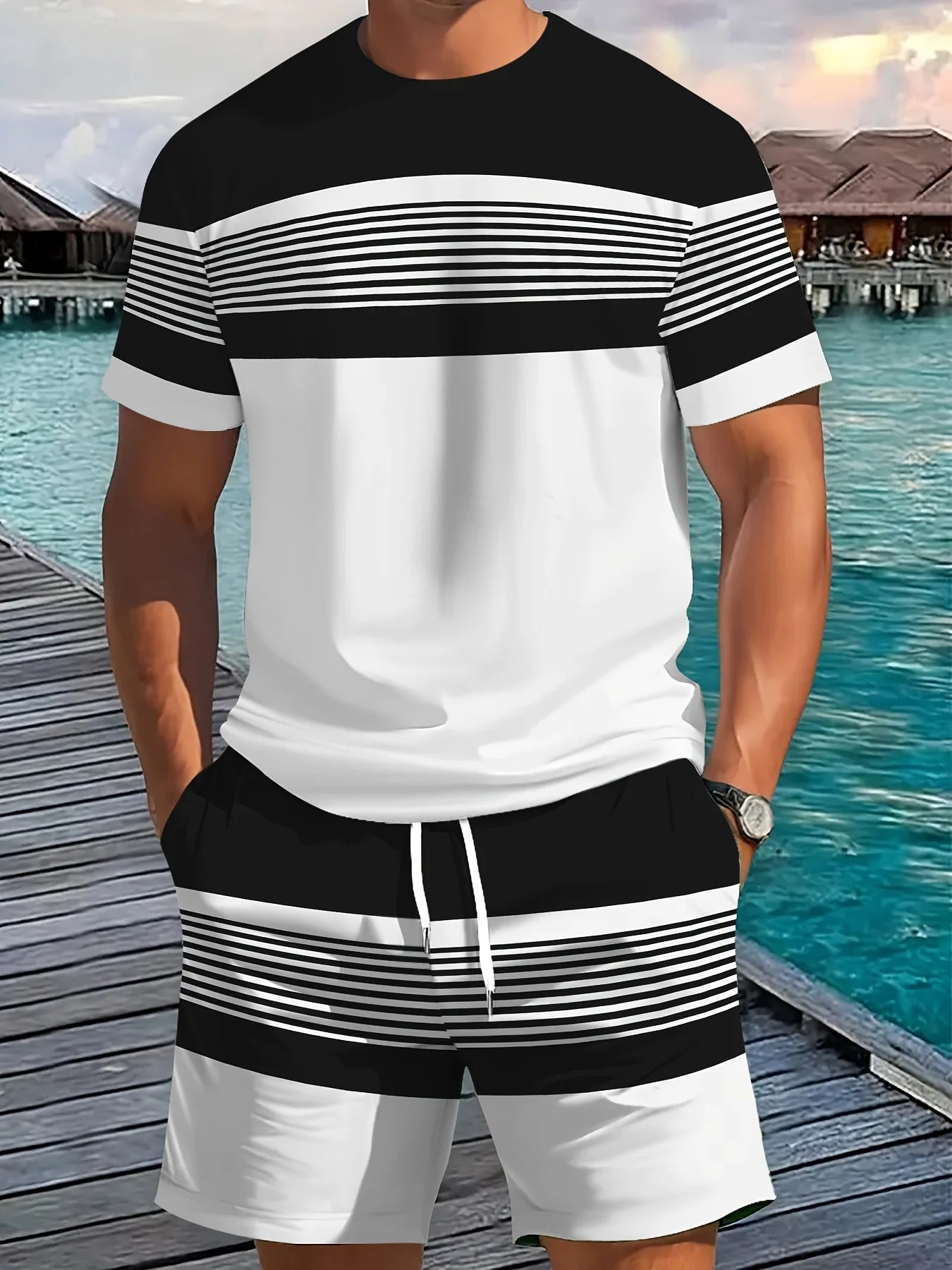Nuovo arrivo estivo, completo casual da uomo in due pezzi, camicia a maniche corte con stampa a righe e pantaloncini sportivi, set fitness da uomo