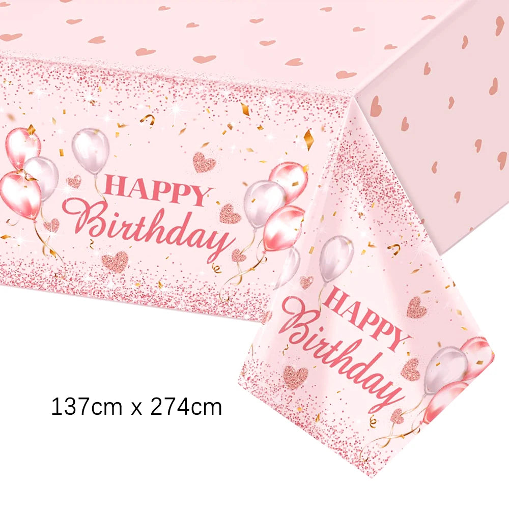 Set di stoviglie usa e getta per compleanno Rosa Oro rosa Piatti bianchi Tazze Tovaglioli Tovaglia Decorazione festa di compleanno per ragazza Baby Shower