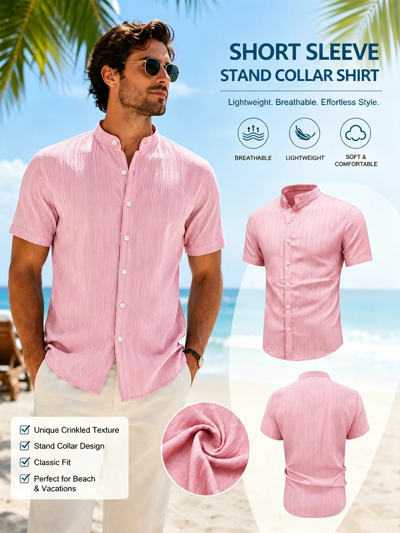 Camicia da uomo a maniche corte con colletto alla coreana – Camicia testurizzata slim fit con bottoni, camicia traspirante casual estiva da spiaggia per uomo