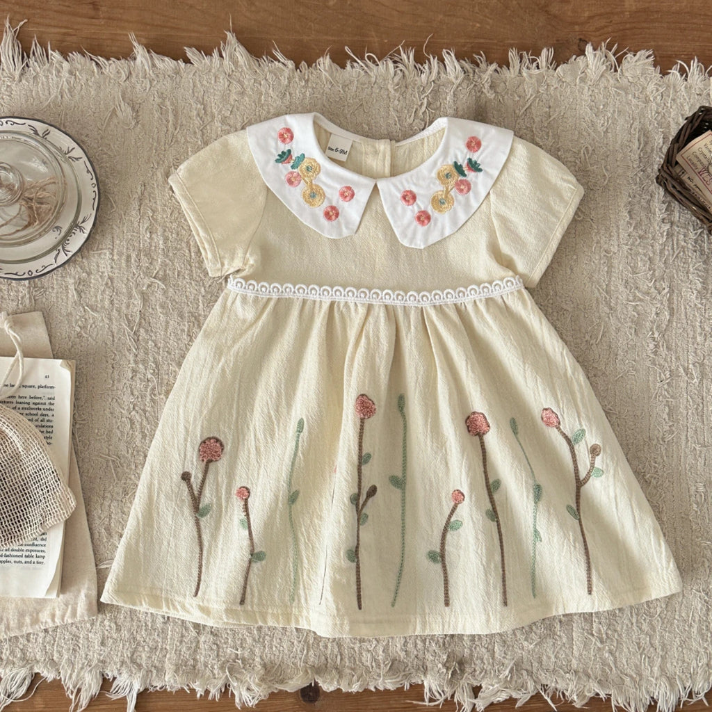 Abito estivo in puro cotone per bambina, grazioso vestito da principessa con colletto a bambola e ricami floreali per neonate da 0 a 3 anni