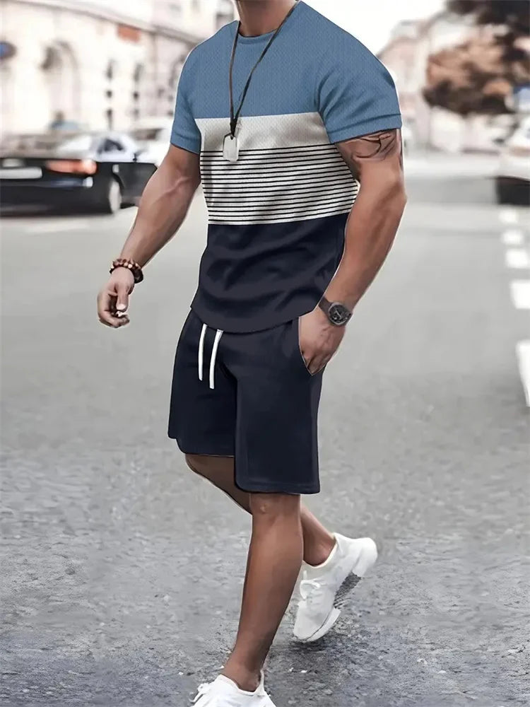 Boutique uomo estate Casual sport manica corta vestito semplice Splicing stampato girocollo T Shirt coulisse tasca pantaloncini vestito