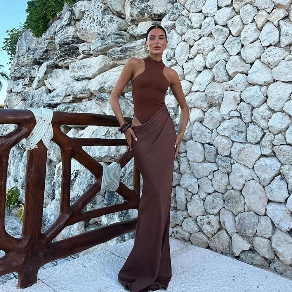 JULISSA MO Abito lungo da donna sexy scollato in raso Abito lungo nero senza maniche a vita alta Donna Autunno Skinny Elegante Party Clubwear
