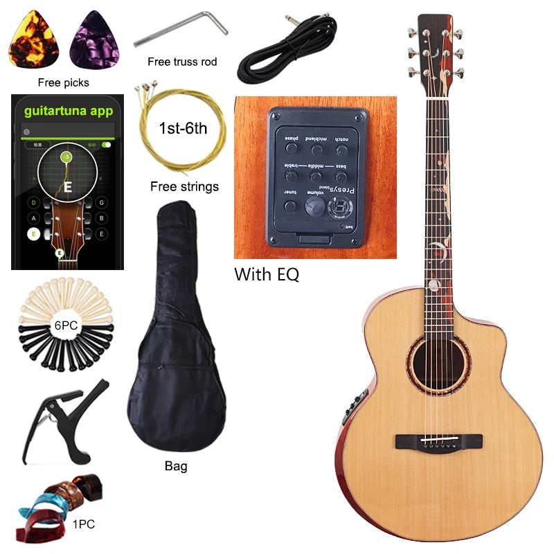 Chitarra acustica elettrica a 6 corde Chitarra elettrica folk con design tagliato con top in abete massello da 40 pollici con pickup