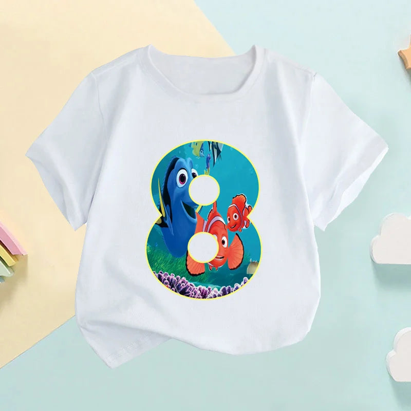 Maglietta per bambini con stampa numerica di Nemo e Dory, simpatici pesciolini, abbigliamento per bambine 1 2 3 4 5 6 7 8 9 anni, magliette per compleanno neonati e bambini, HKP2759