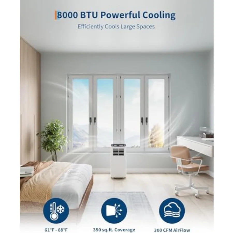 Condizionatore d'aria portatile per uso domestico, struttura in alluminio, bianco, capacità di raffreddamento di 8000 BTU con modalità 3 in 1: raffreddamento/deumidificazione/ventilazione
