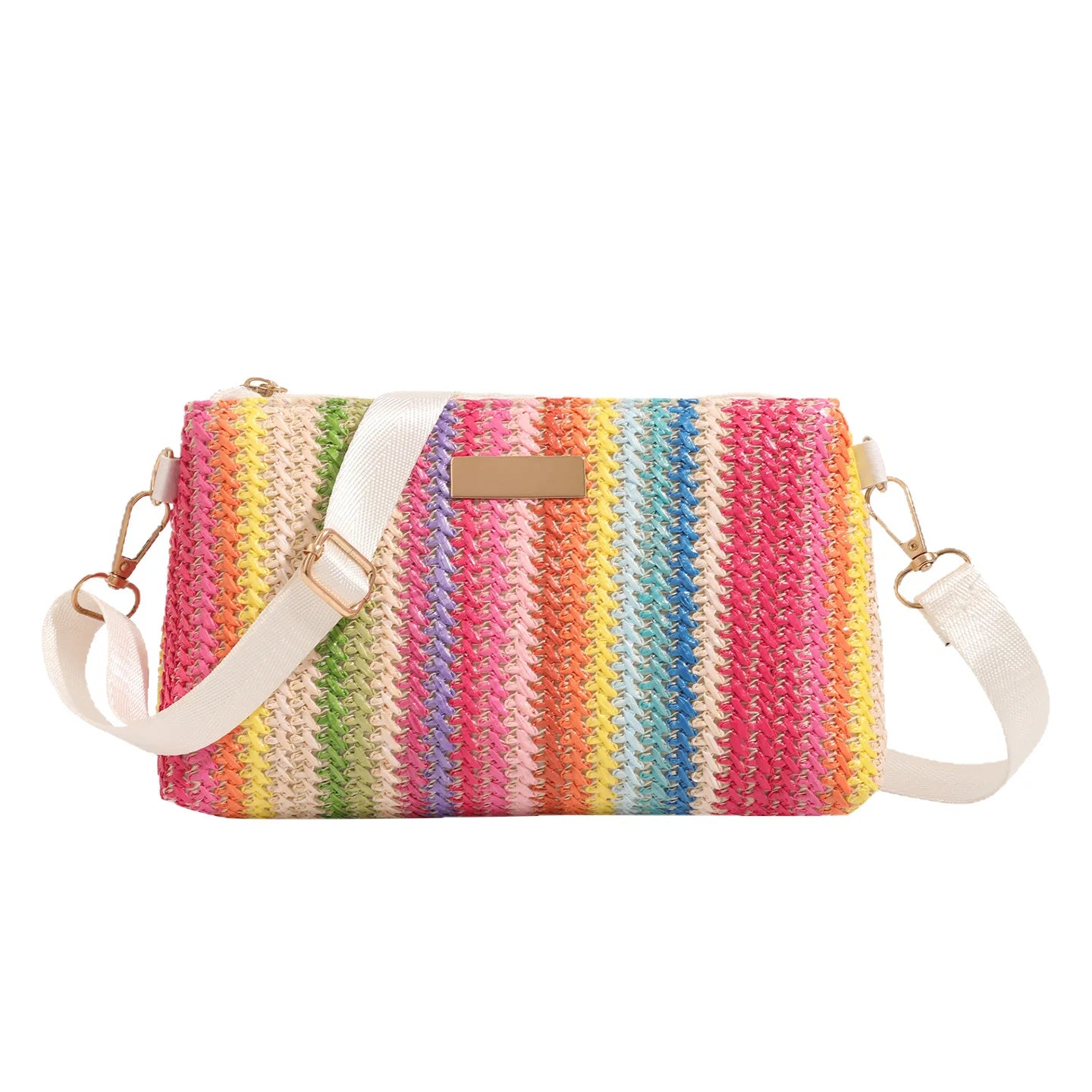 Borsa da tessitura in paglia arcobaleno alla moda da donna Borsa a tracolla stile vacanza al mare estiva Borsa quadrata piccola casual quotidiana di nuova moda