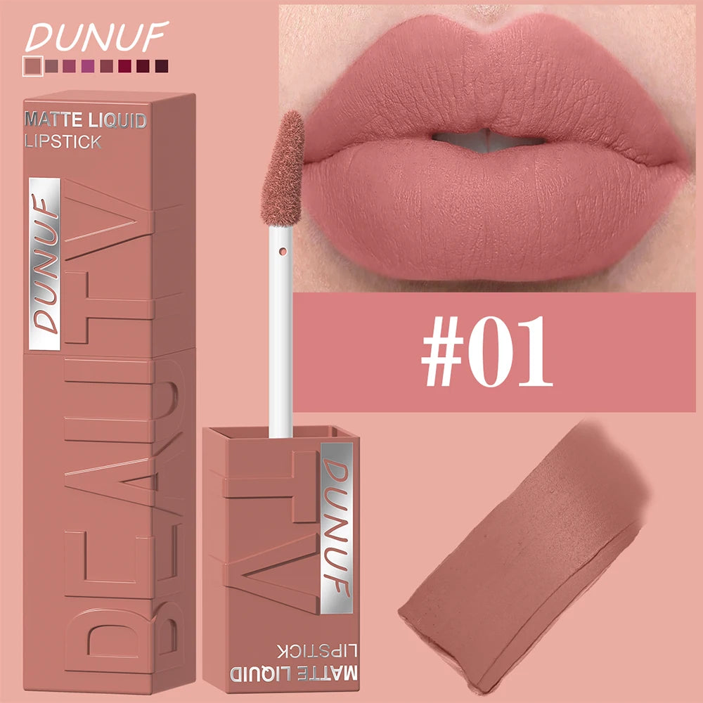 DUNUF 8 colori velluto opaco liscio facile da applicare lucidalabbra a tubo quadrato rossetto idraulico tridimensionale impermeabile