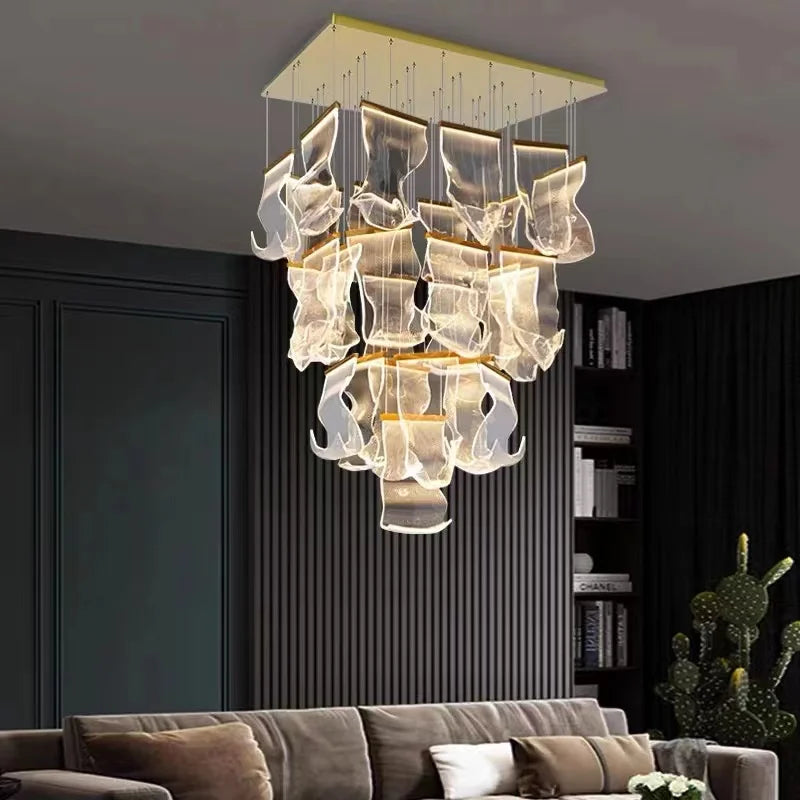 Modern Light Luxury Light Guide LED Long Strip Chandelier Living Room Dining Room Whole House Complete Set Lighting Duplex Rotat