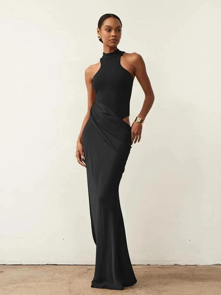 JULISSA MO Abito lungo da donna sexy scollato in raso Abito lungo nero senza maniche a vita alta Donna Autunno Skinny Elegante Party Clubwear