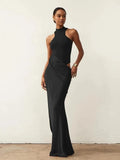 JULISSA MO Abito lungo da donna sexy scollato in raso Abito lungo nero senza maniche a vita alta Donna Autunno Skinny Elegante Party Clubwear