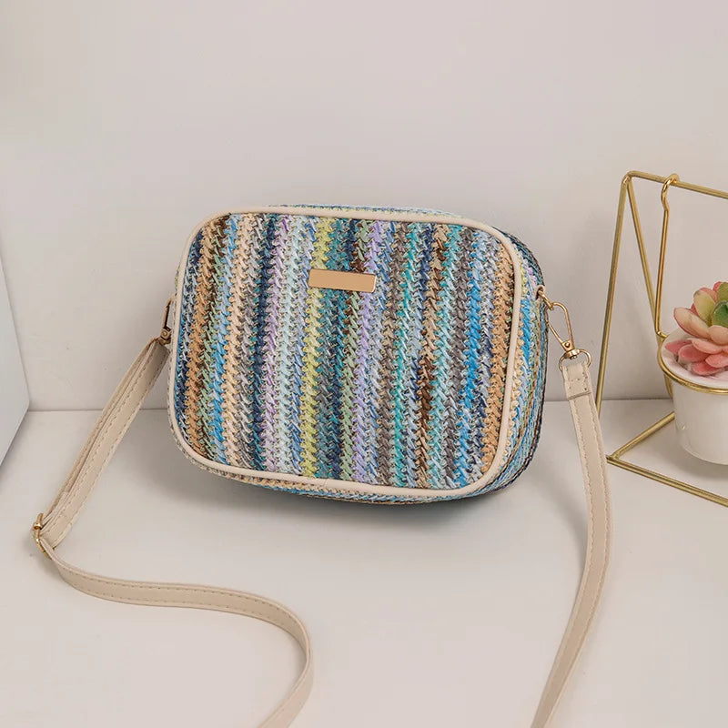 Borse da donna alla moda, tessitura alla moda e artistica, borse intrecciate in paglia multicolore, borse a tracolla in stile etnico, borse da donna