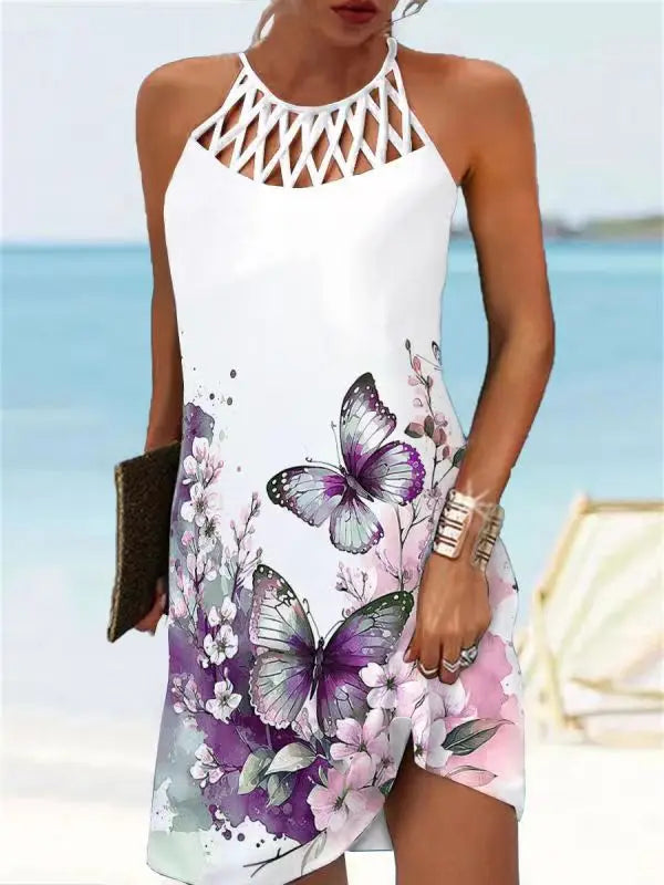 Abito Boho sexy per donna Mini abito da spiaggia Abito alla moda Donna Estate senza maniche Hollow Elegante abito da festa Stampa Vestido 2023