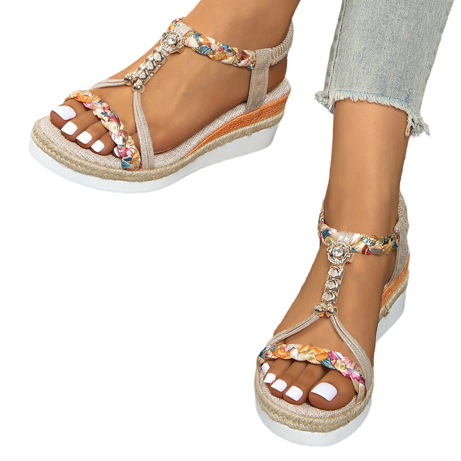 Sandali da Spiaggia con Zeppa in TPR per Donna, Sandali Bohémien con Piattaforma e Perline di Diamante per Interni ed Esterni, Palestra, Piscina, Vacanze, Feste