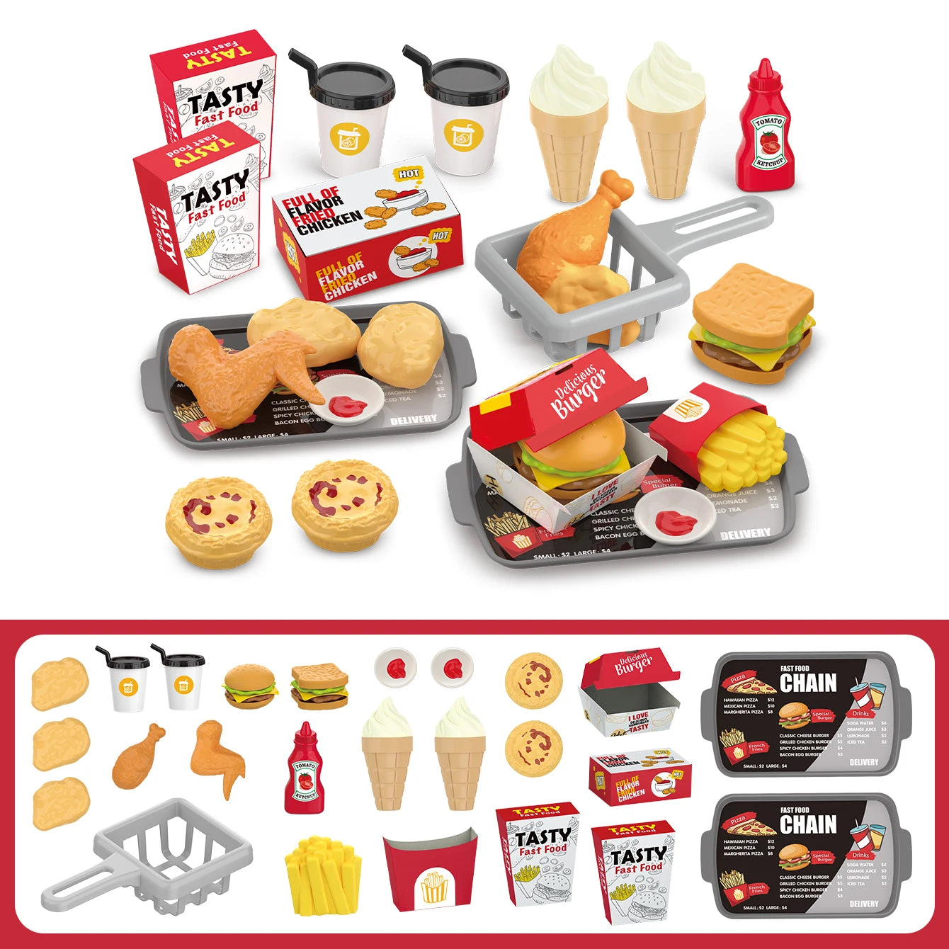 Giochi per bambini: giochi di finzione, barbecue, fast food, pizza, sushi, tè pomeridiano, dessert, cibo da cucina, set di giocattoli