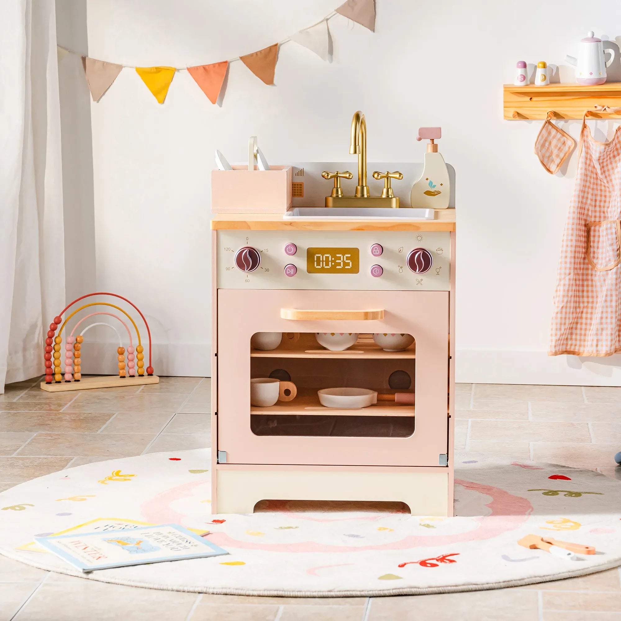 Robotime Robud Set da gioco da cucina ad angolo per bambini Set da cucina in legno con suono realistico Fai finta di giocare regalo per ragazzi e ragazze Rosa