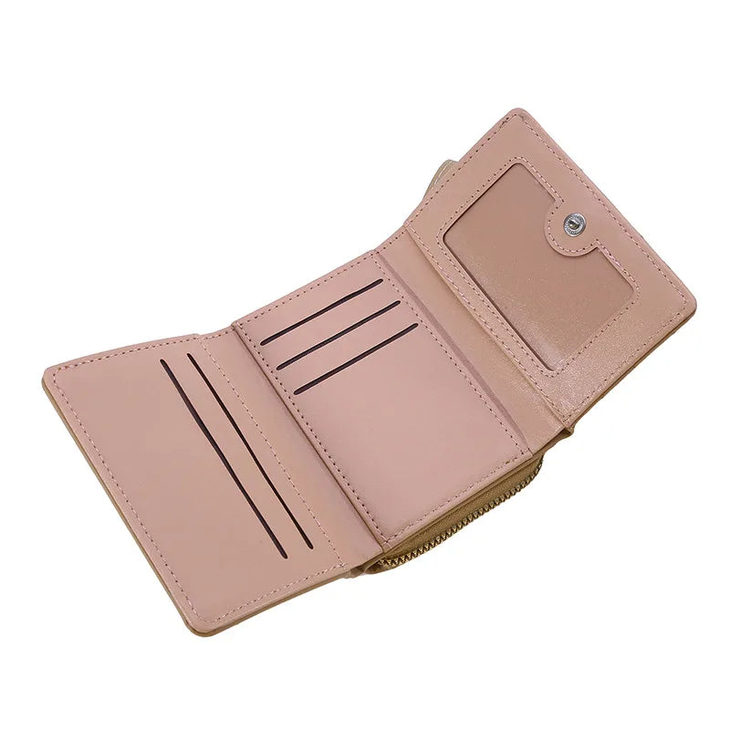 Portafoglio da donna per pelle PU moda ricamato amore tri-fold piccolo portafoglio porta carte portamonete multi-slot per carte interno rosa