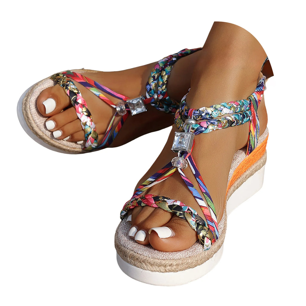 Sandali alla moda per donna Sandali con zeppa con perline e stampe colorate Sandali comodi e leggeri per giovani donne