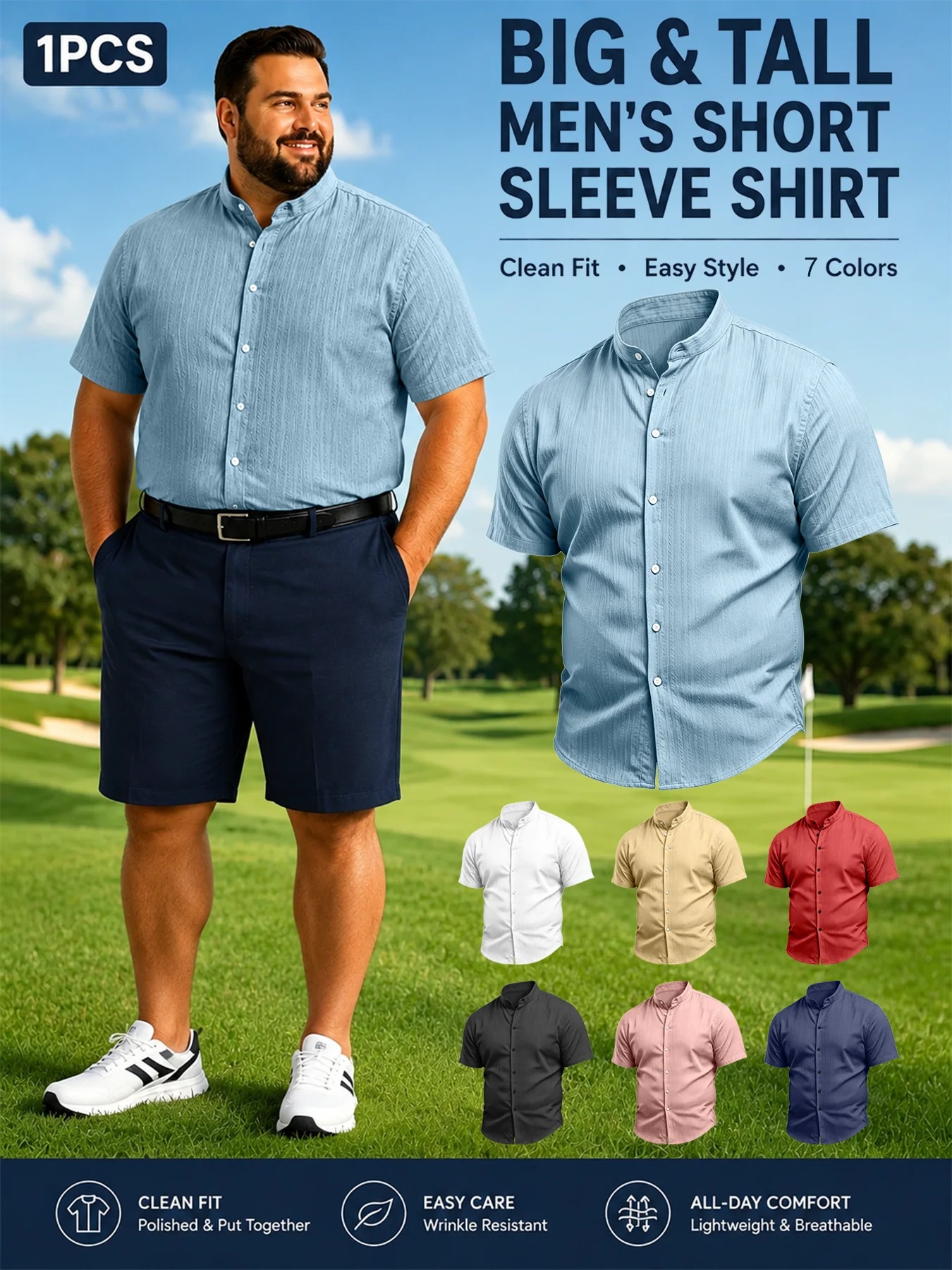 Camicia Casual da Uomo Taglie Forti 2XL-6XL Estiva Traspirante a Maniche Corte con Bottoni per Vacanze al Mare in Tessuto Morbido Testurizzato Vestibilità Ampia
