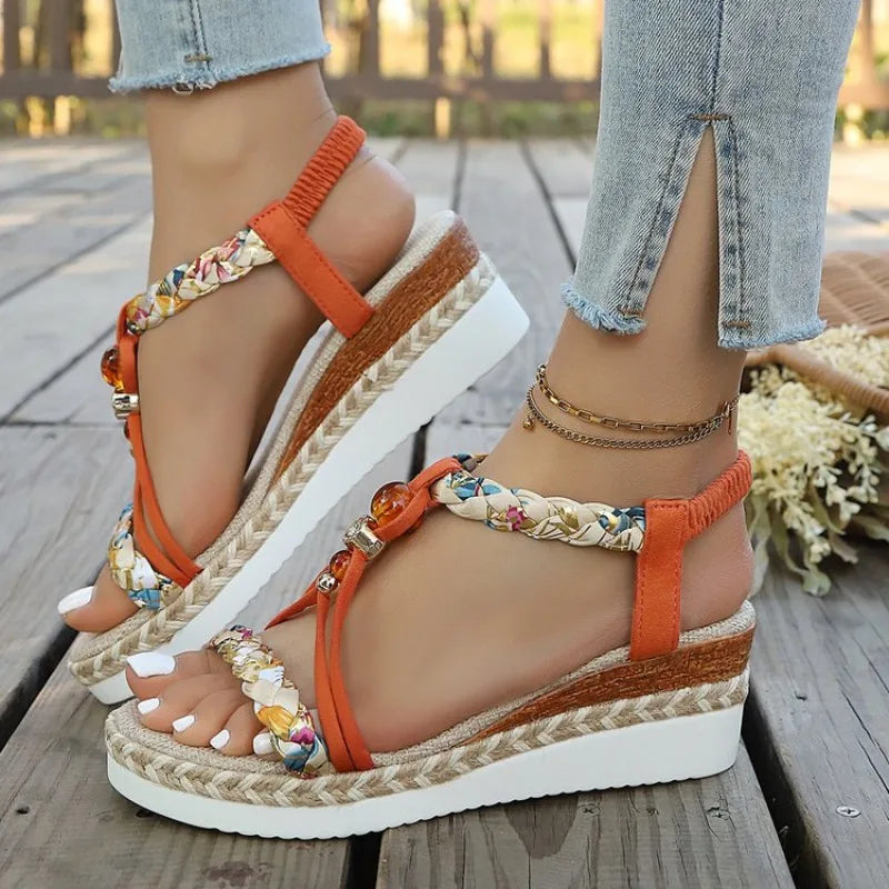 Sandali stile Boho da donna con tacco basso, suola spessa, intrecciati e traforati, scarpe casual per l'uso all'aperto