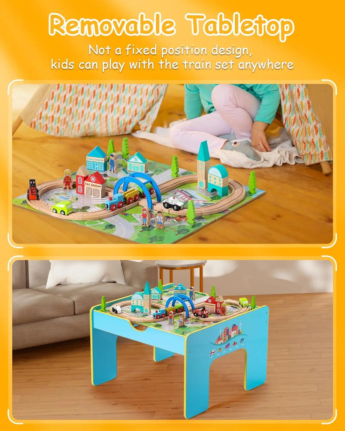 Tavolo da treno in legno, tavolo da attività 2 in 1 per bambini, set di treni in legno con scatola portaoggetti, regalo per bambini piccoli, ragazzi e ragazze