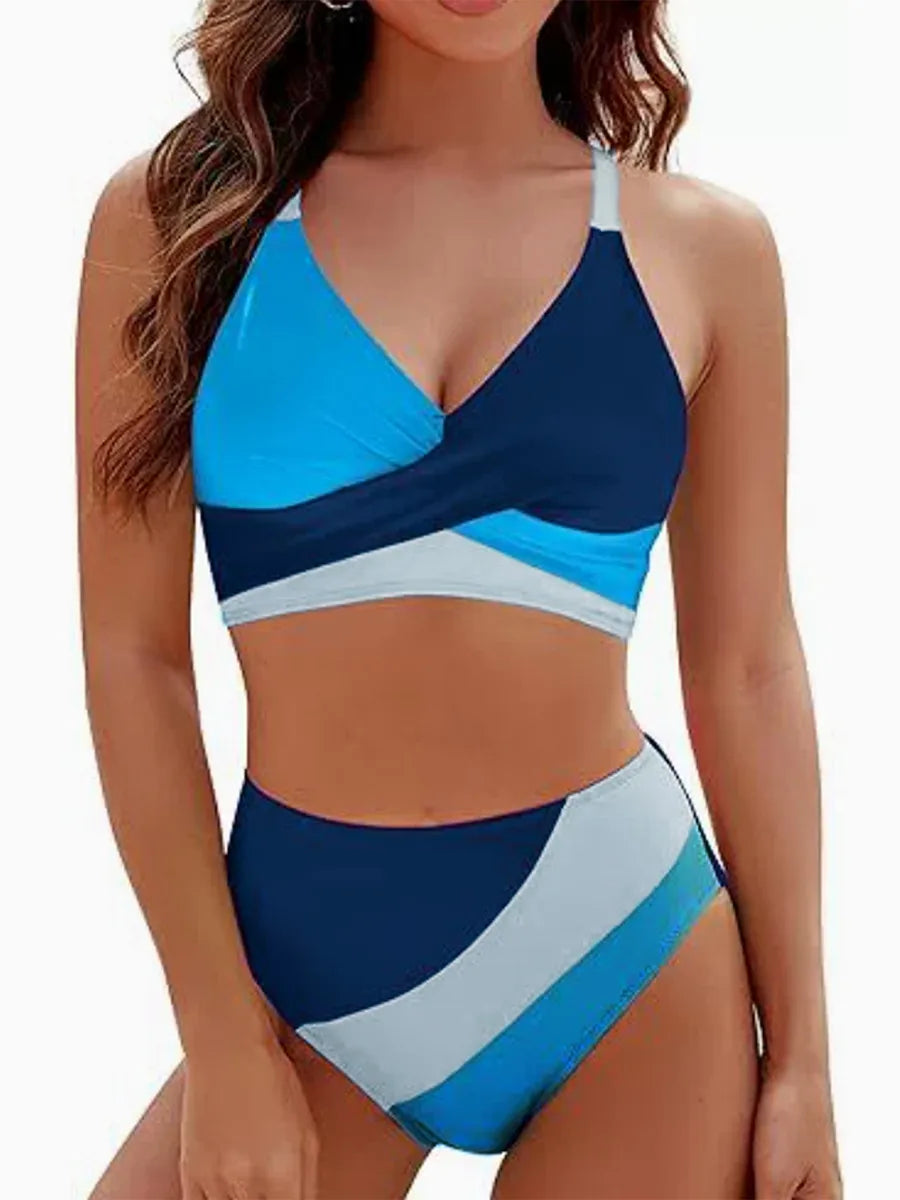 Set bikini da donna 2 pezzi patchwork scollo a V senza maniche top perizoma costume da bagno da spiaggia per donna