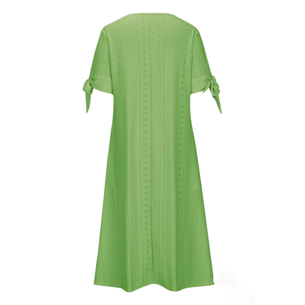 Abito Midi Estivo da Donna Boho con Occhielli e Spalle Scoperte, Maniche Corte, Scollo a V, Bottoni, Vestibilità Ampia, Stile Casual a Trapezio con Tasche