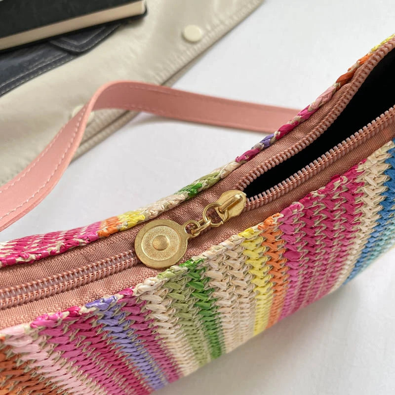 Borse a Spalla da Donna a Righe in Paglia, Borsa a Tracolla in Rattan Intrecciato con Cerniera, Pochette Hobo Femminile