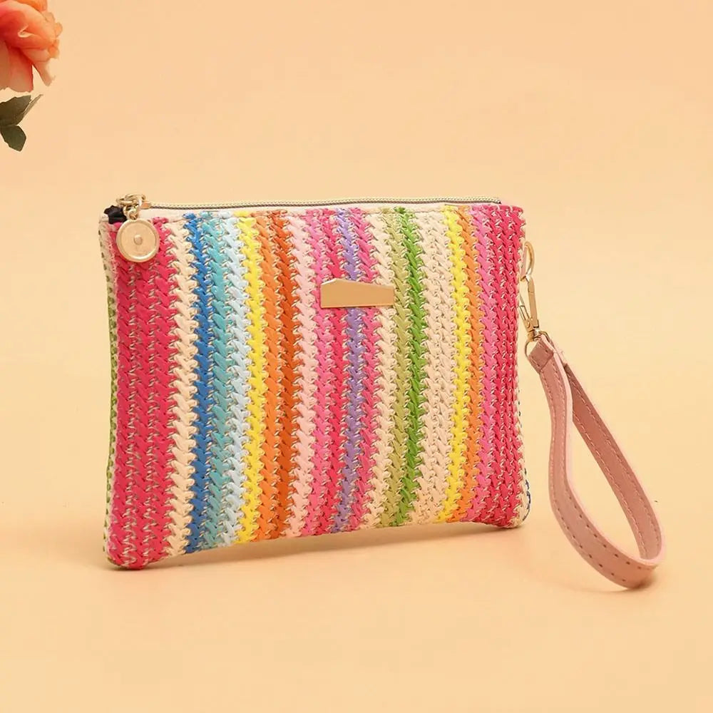 Borsa Intrecciata in Paglia Colorata alla Moda, Stile Retrò Bohémien, Portamonete da Polso