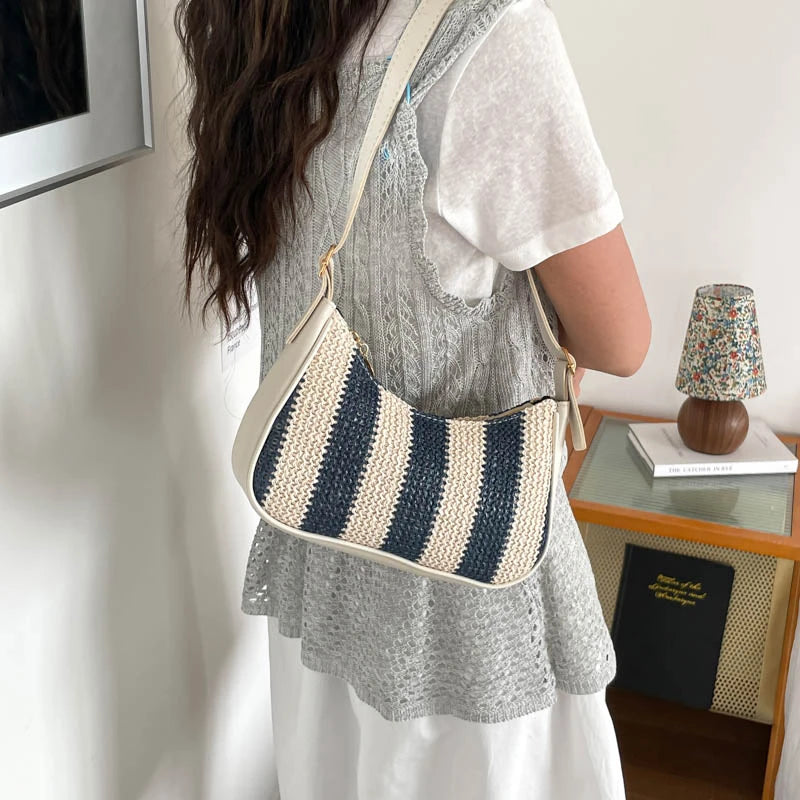 Borse a Spalla da Donna a Righe in Paglia, Borsa a Tracolla in Rattan Intrecciato con Cerniera, Pochette Hobo Femminile