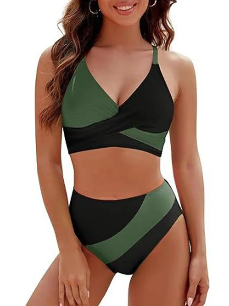 Set bikini da donna 2 pezzi patchwork scollo a V senza maniche top perizoma costume da bagno da spiaggia per donna