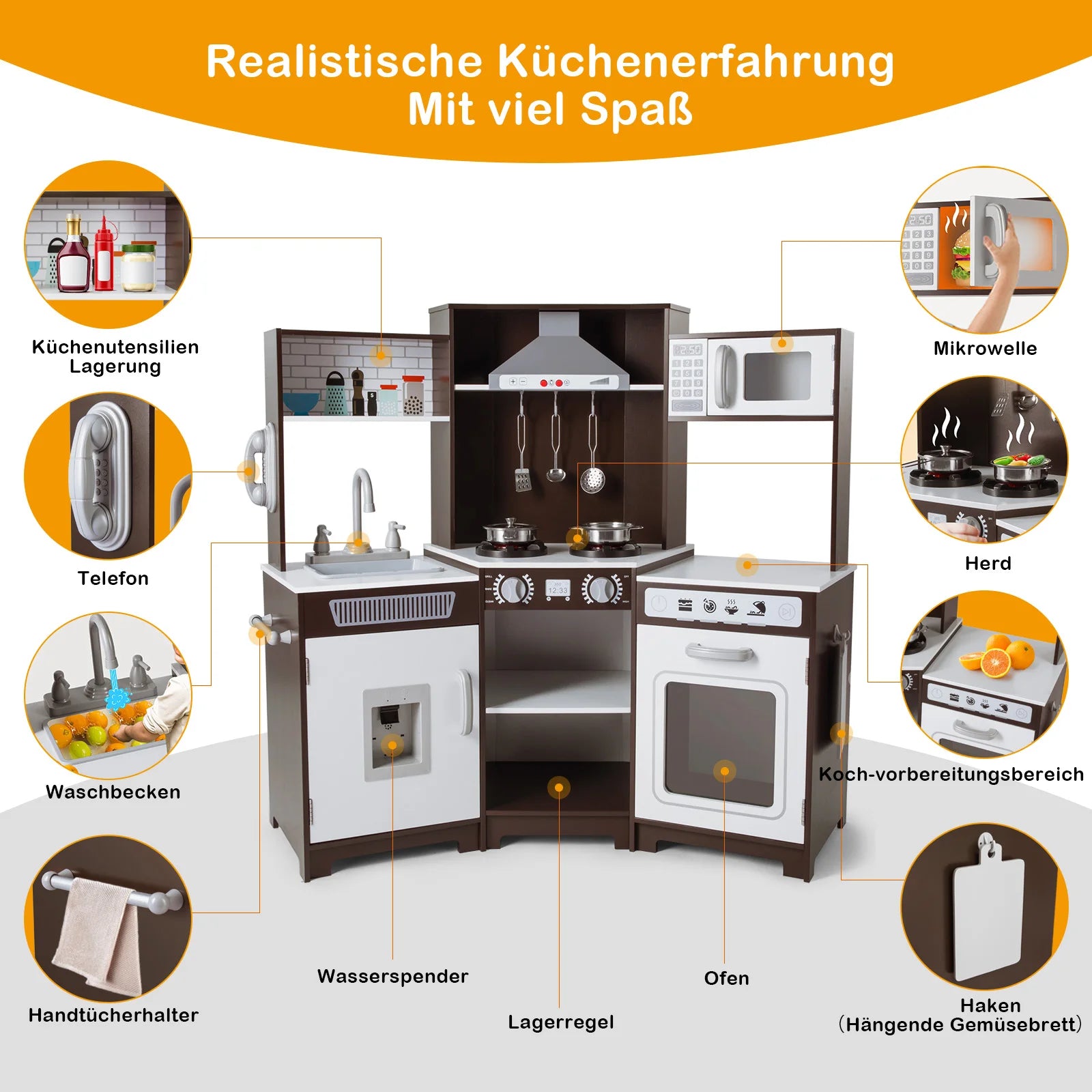 Cucina per bambini JOYLDIAS in legno, cucina giocattolo XXL ad angolo con suoni e luci, cucina giocattolo incl. accessori. Forno a microonde e forno per bambini