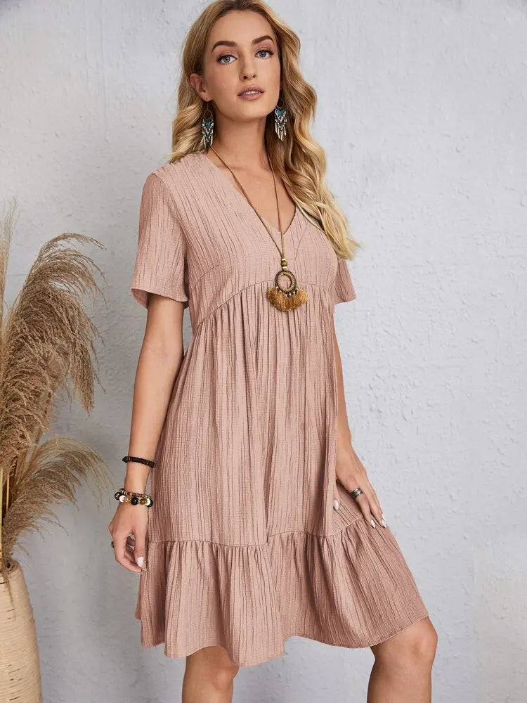 Elegante solido scollo A V A Line Dress 2024 nuova estate Ruffles allentato Mini abito Casual manica corta Beach Party Vestidos Streetwear