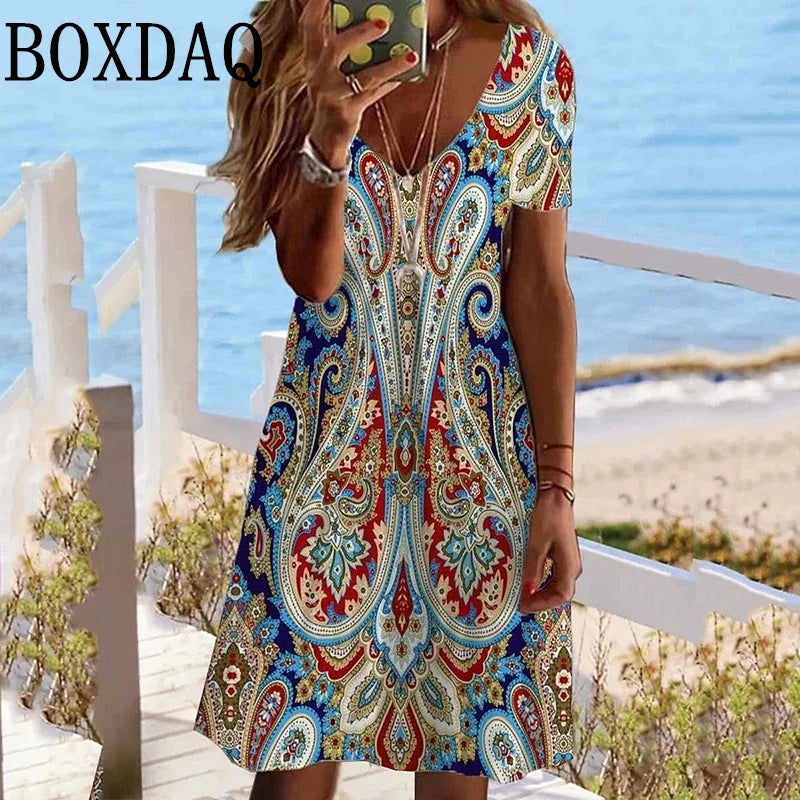 Abito Vintage con stampa etnica per donna 2024 scollo a v manica corta abiti larghi taglie forti abito floreale Casual moda prendisole