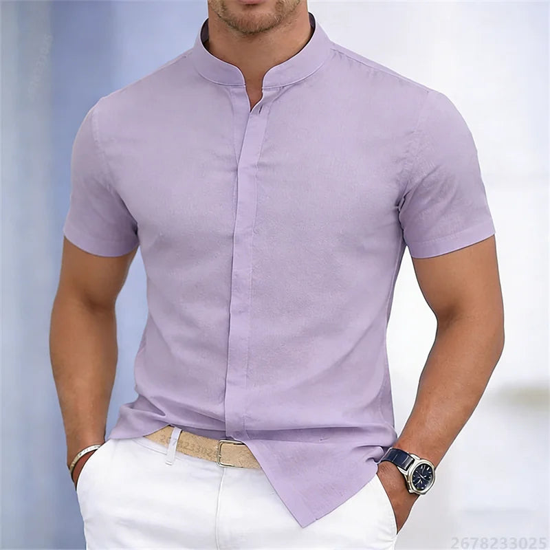 Camicia da uomo a maniche corte con colletto rialzato, bianca o nera, tinta unita, vestibilità slim, top da uomo business casual, taglie XS-6XL.