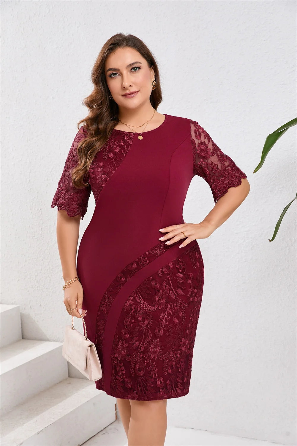 GIBSIE Plus Size Pizzo ricamato Mezza manica O-Collo Abito da donna Estate Autunno Cocktail Party Elegante aderente Abiti longuette
