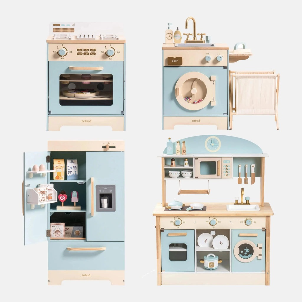 Cucina Giocattolo in Legno Robud per Bambini, Set Completo ad Angolo con Forno, Frigorifero e Lavatrice, Regalo di Compleanno Perfetto per Piccoli Chef
