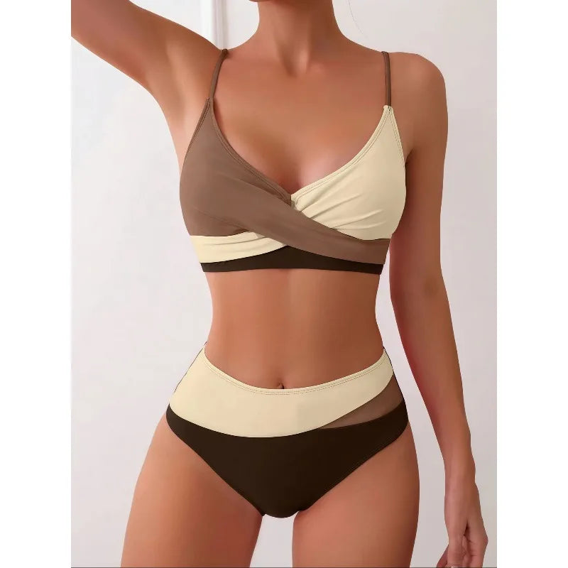 2026 Nuovo Patchwork Costume da bagno bikini a due pezzi Donne sexy Costume da bagno stretto vuoto Backless Costumi da bagno Cross Push Up Beach Costume da bagno