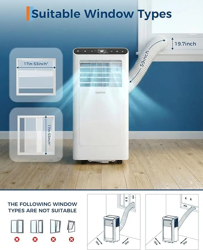 Condizionatore d'Aria Portatile da 8000 BTU, Silenzioso 3-in-1 per Interni con Funzioni di Raffreddamento, Deumidificazione, Timer 24H, Kit Completo per Finestre