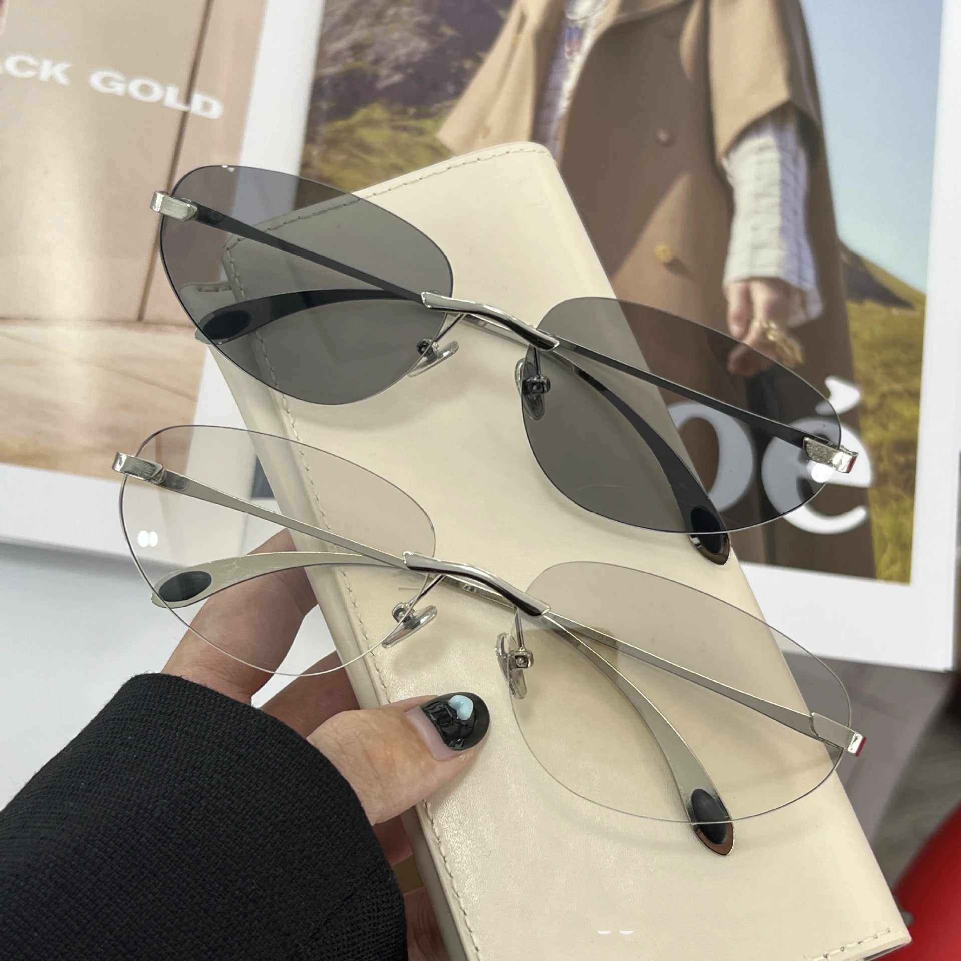 Occhiali da sole senza montatura Y2K da donna Occhiali da sole senza montatura di marca di lusso Futuro stili coreani Cat Eye Occhiali UV400 Occhiali alla moda