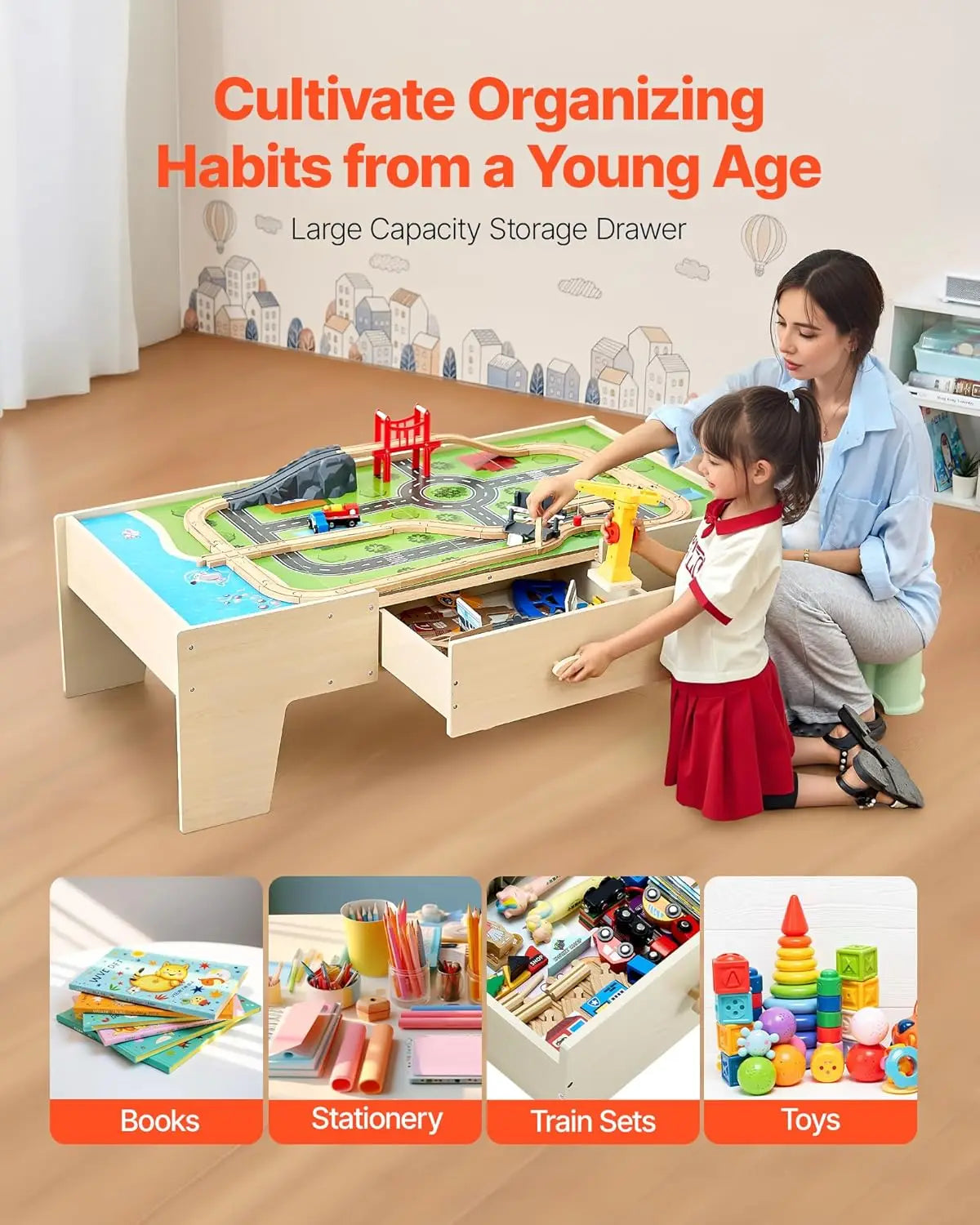 Tavolo da treno, tavolo da attività per bambini in legno da 62 pezzi multicolori con ampio cassetto portaoggetti, set di treni in legno 3 in 1 per giocare, Dra