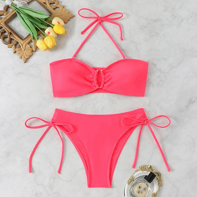 Bikini a Vita Alta da Donna 2026, Costume da Bagno Annodato, Abbigliamento da Spiaggia Brasiliano con Push-Up