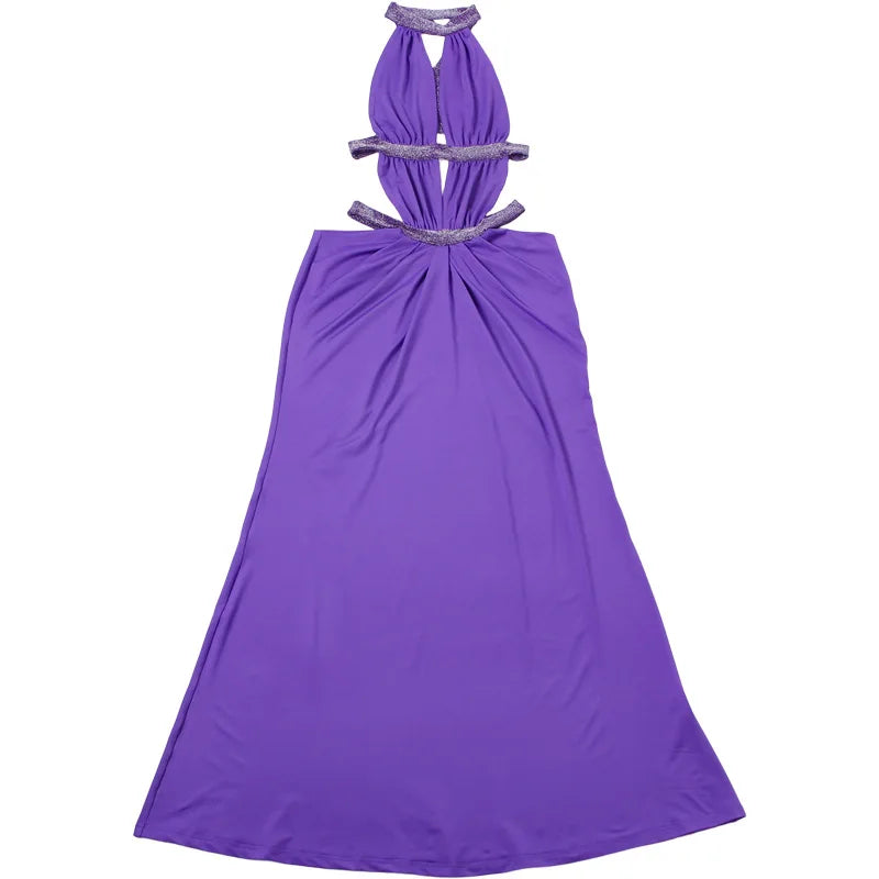 Abito lungo da donna sexy Halter scava fuori senza schienale senza maniche increspato abiti lunghi da sera Party Chic Robe verde viola estivo