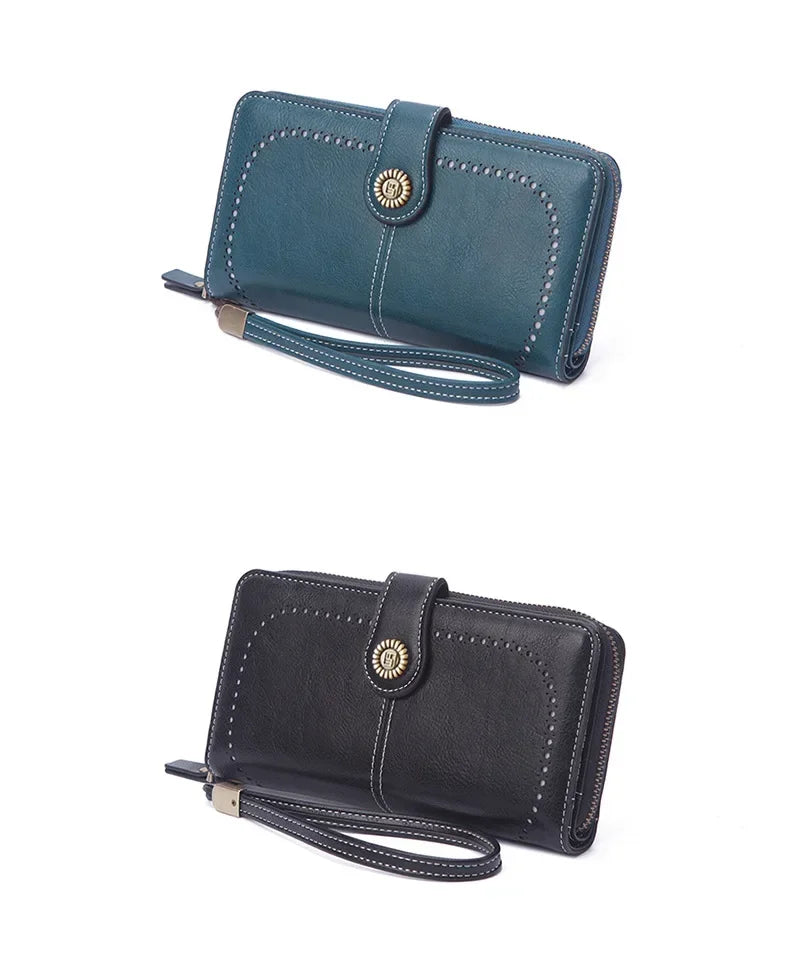 Portafoglio da donna di alta qualità, antifurto, in pelle, con cerniera lunga, grande, pochette da donna, porta carte.