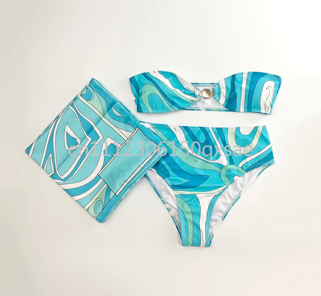 Costumi da bagno da donna rosa con foulard e logo a lettere, set bikini con foulard e fascia per capelli, abbigliamento da spiaggia